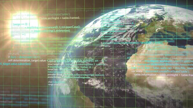 Data feed initiating, Earth rotating, code and grid expanding over globe, visualizing tech data
