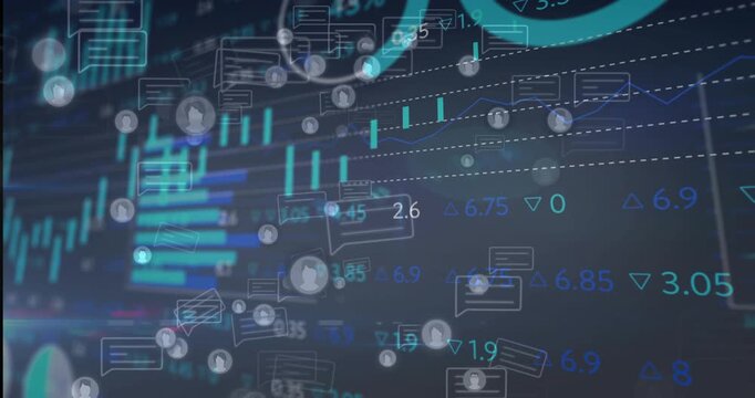 Receiving data, market UI panning right on navy gradient, showing teal candles and drifting bubbles