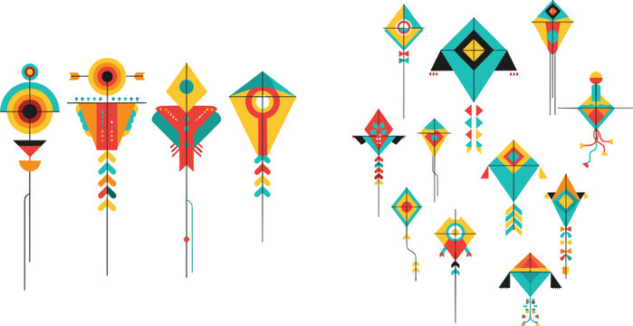 Colorful Geometric Kites Collection Vector Illustration with Decorative Patterns, Festival Elements, Traditional Flying Kites Set, and Modern Flat Design Shapes