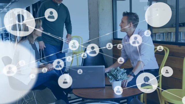 Two team members gesturing, newcomer joining, nodes growing over trio, driving business chat