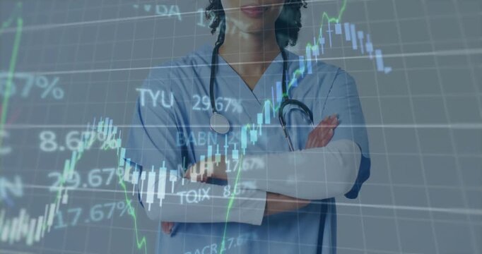 Female nurse adjusting scrub, touching steth as finance charts moving camera widening smile growing