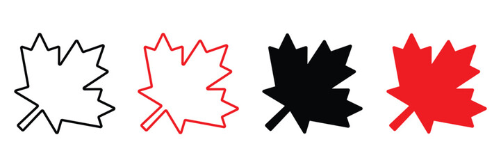 Fototapeta premium Maple leaf icons set with black and red colors in outline and solid silhouette style isolated on white background for autumn design vector illustration.
