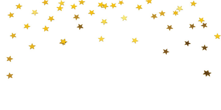Scattered gold star shaped confetti pieces falling against a plain white background creating a festive border effect