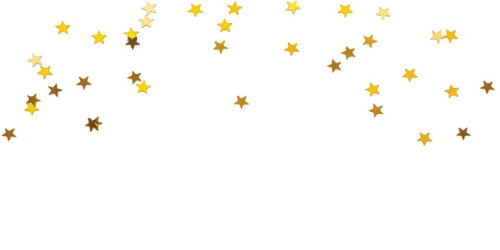 Scattered gold star confetti shapes arranged in an arch formation isolated on a plain white background