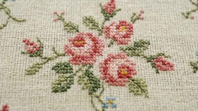 Small pink rose cross-stitch floral repeat, seamless vintage embroidery pattern with soft cottagecore tenderness and delicate detail, ultra-realistic, no logos.