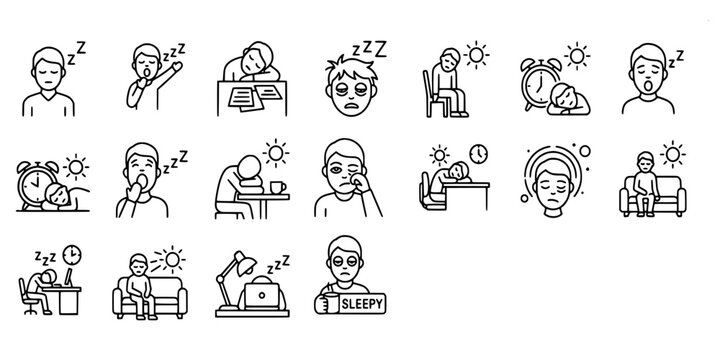 icon set collection of tiredness and sleep problems showing yawning people, insomnia, fatigue at work, morning alarms, and exhaustion symptoms.