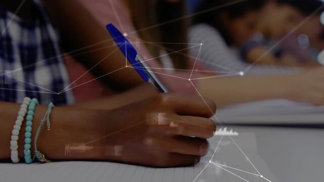 Vertical video: Student placing blue pen on notebook, writing for education while HUD crossing hand