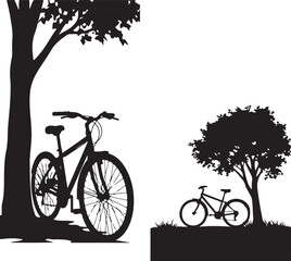 Fototapeta premium Bicycle silhouettes, bike icons, tree shadows, black illustrations, cycling graphics