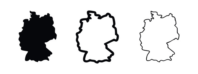 Three maps of Germany: solid silhouette, bordered outline, and thin outline. © liubomir118809