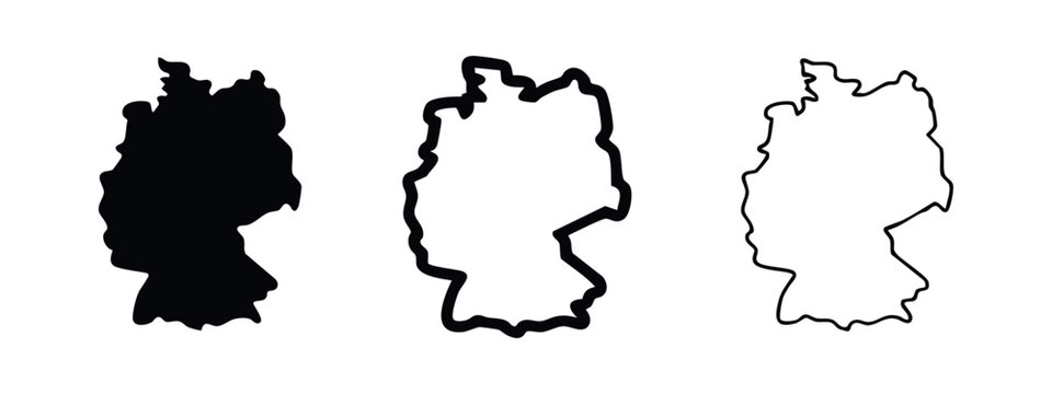 Three maps of Germany: solid silhouette, bordered outline, and thin outline.
