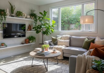 Fototapeta premium Modern living room with stylish seating and indoor plants