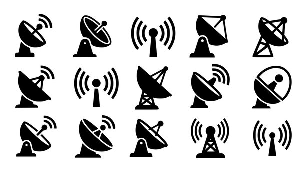 Satellite dish silhouette icon communication signal vector set