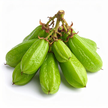 Fresh green bilimbi fruit isolated on white background. Exotic tropical food concept with vibrant color, healthy nutrition and organic produce presentation.