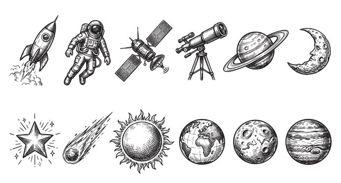 A hand-drawn black and white illustration set depicting various elements of space, astronomy, and science fiction, including rockets, astronauts, planets, and celestial bodies.