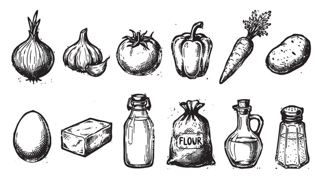 A vintage, hand-drawn illustration featuring a collection of common food ingredients including vegetables, egg, flour, oil, and spices, perfect for culinary themes.