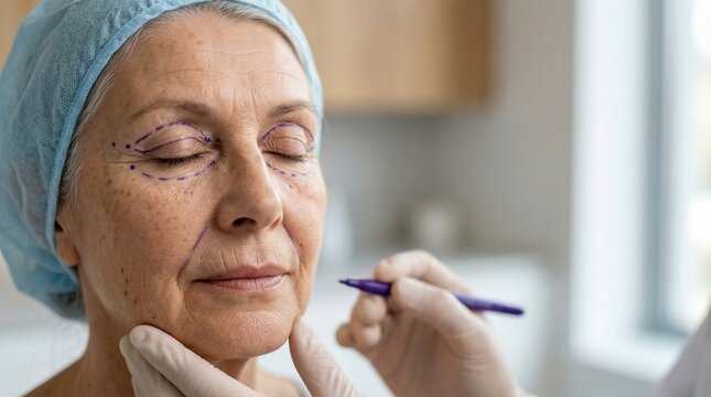 Woman with surgical markings on face before plastic surgery. Doctor examining patient for blepharoplasty. Concept of aesthetic face lift and professional anti aging medical procedure.