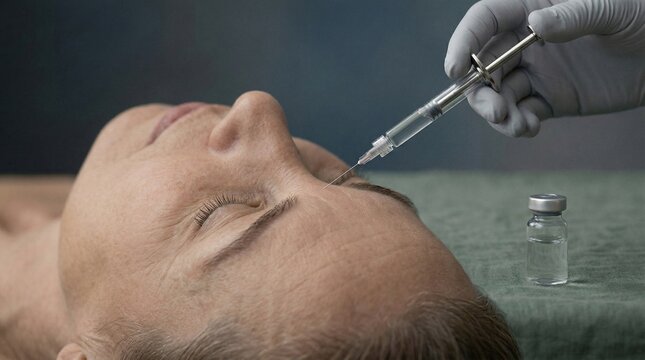 Cosmetologist performing facial rejuvenation procedure on woman. Injection of filler or botulinum toxin into forehead to reduce wrinkle. Professional aesthetic medical skin care treatment.