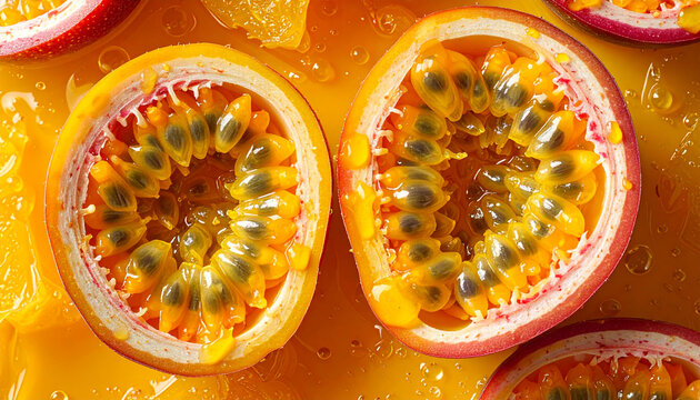 Close-up view of two halved passion fruits displaying their juicy pulp and seeds.