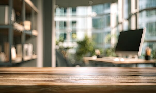 Empty wooden table surface, blurred modern office interior with computer in background