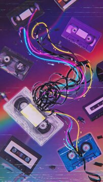 Classic retro wave background, video casset, neon lights 