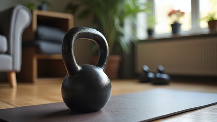 Obraz premium single kettlebell on sport mat at home workout fitness training concept