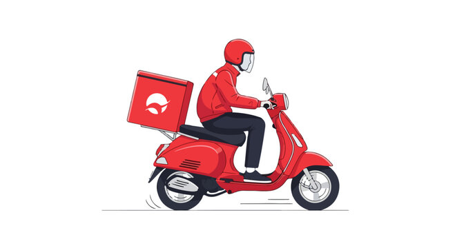Red delivery scooter vector illustration, courier riding motorbike with cargo box, fast food shipping service on moped, express transport logistics concept