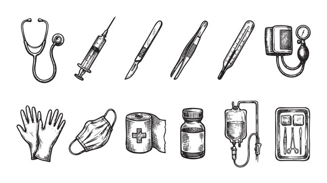 A vintage hand-drawn sketch collection of essential medical instruments and supplies, perfect for health and science-related projects.