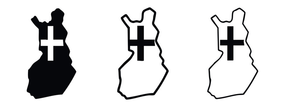 Finland map with cross silhouette, outline, and line art on white background