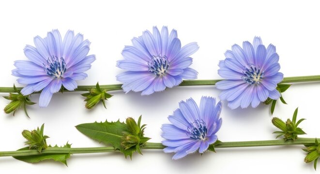 Chicory flower on white background. Common chicory plant with blue petal and green stem. Wild wildflower for herbal medicine, beverage ingredient and botanical study. Nature botany.