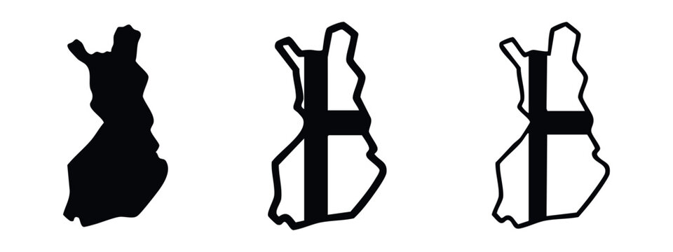 Finland map with cross silhouette, outline, and line art on white background