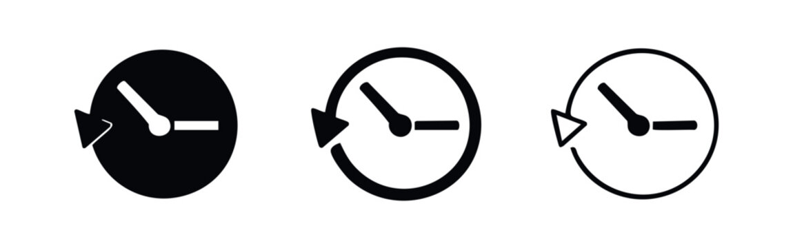 Clock with arrow icon set, filled and outlined, for time or refresh