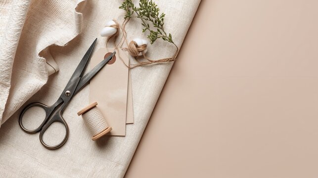 Scissors and sewing materials on beige cloth with copy space