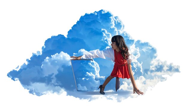 A girl in red dress pulling suitcase on a cloud