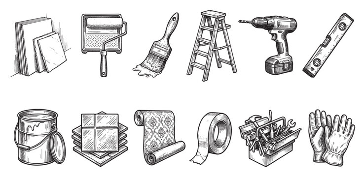 A black and white sketch shows a collection of home improvement tools including a paint can, roller, brushes, ladder, drill, level, tiles, wallpaper, tape, toolbox, and gloves.