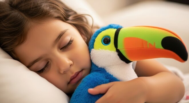 Menina ador&aacute;vel dormindo pacificamente abra&ccedil;ada a um tucano de pel&uacute;cia colorido, conceito de sono infantil e conforto