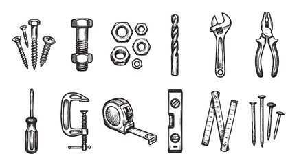 Obraz premium A collection of hand-drawn illustrations of various construction tools and fasteners, presented in a sketch style on a white background, perfect for DIY or renovation concepts.