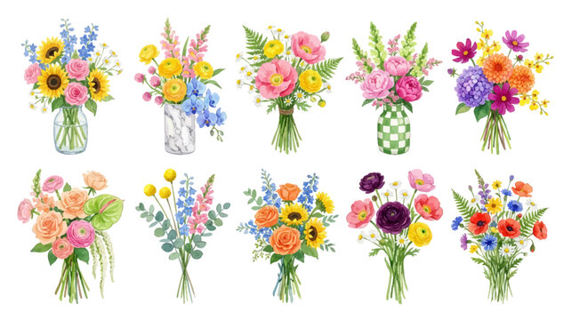 Bright watercolor flower arrangements with garden style and natural design. Collection of Vector illustrations for invitation, card, poster, banner, decoration