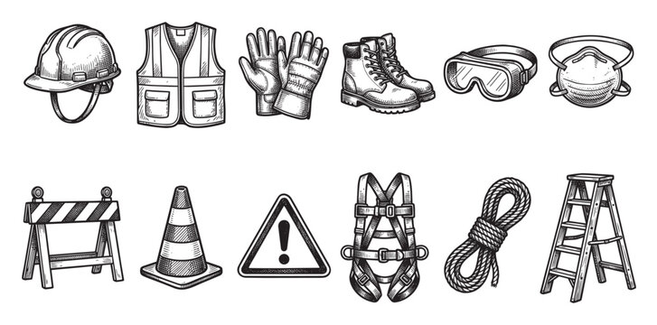 A collection of black and white hand-drawn icons representing various construction safety equipment and warning signs.
