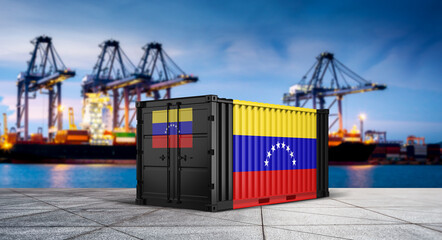 Venezuela Export Container: A shipping container adorned with the Venezuelan flag stands ready for export at a bustling port with cargo cranes and ships symbolizing international trade. © bao