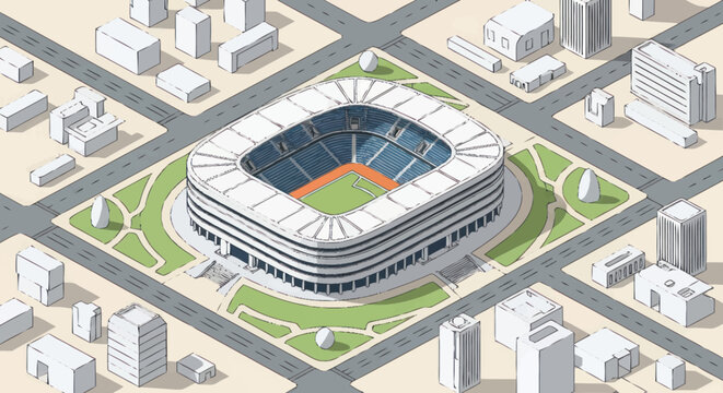 Modern sports stadium surrounded by city buildings isometric view.