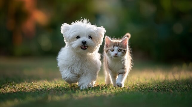 A playful white dog and a curious kitten running together in a lush green field on a sunny day