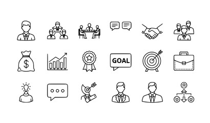 Fototapeta premium Minimal business outline icons collection with teamwork meeting investment and corporate success symbols