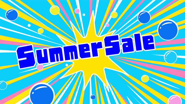 青色背景に黄色い集中線とSummer Saleのロゴが弾けるポップな夏セールのテンプレート
