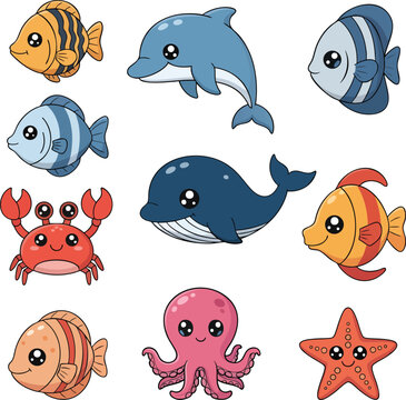 Colorful cartoon sea creatures isolated on a transparent background