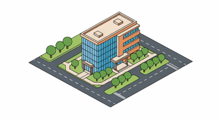 Obraz premium Modern Office Building Isometric View with Trees and Road.