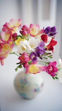 Close up of vibrant freesia flowers in pink, yellow, and white with soft blurred background