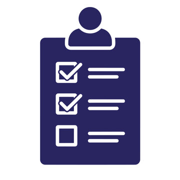 Dark blue clipboard with checklist and user silhouette on white background, to-do list tasks checked boxes