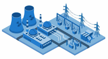 Modern Nuclear Power Plant with Cooling Towers and Electrical Grid. © Kiki