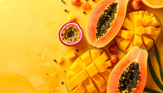 Vibrant tropical fruits like mango and papaya showcased on a bright yellow background with passion fruit and seeds scattered around, offering a fresh and healthy composition