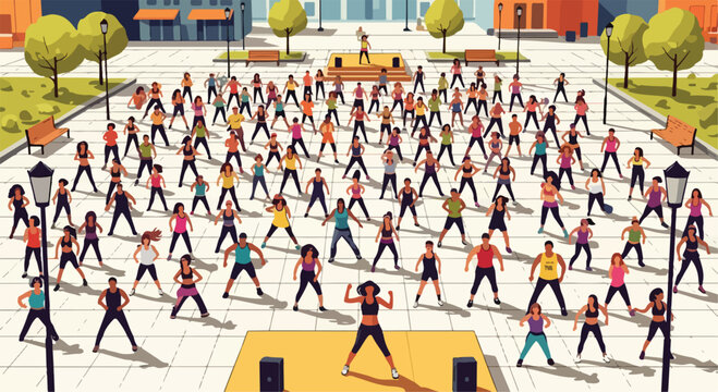Outdoor group fitness class in city square, large crowd of people dancing at zumba workout, urban community wellness event vector illustration